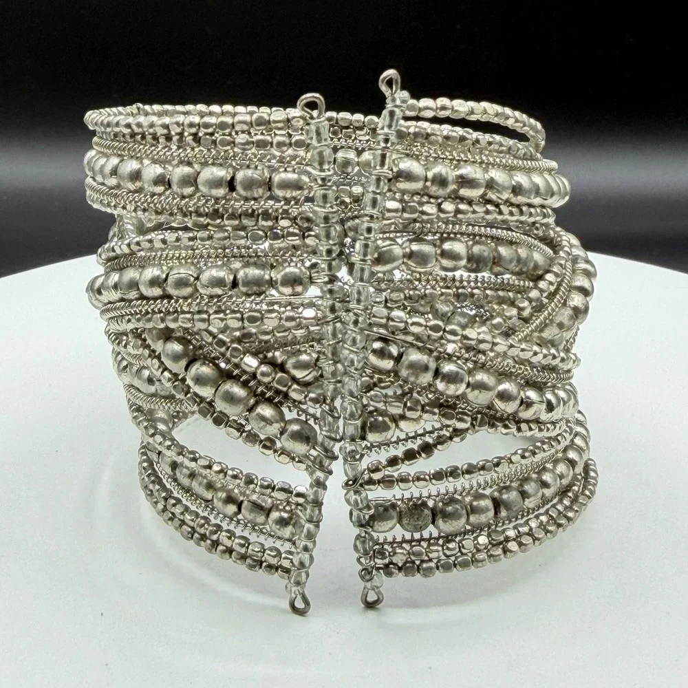 Silver Tone Multi Strand Beaded Wire Cuff Bracelet Boho Statement Festival Gift